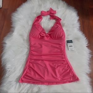 Pink Ruffle-Accent Ruched Tankini Top